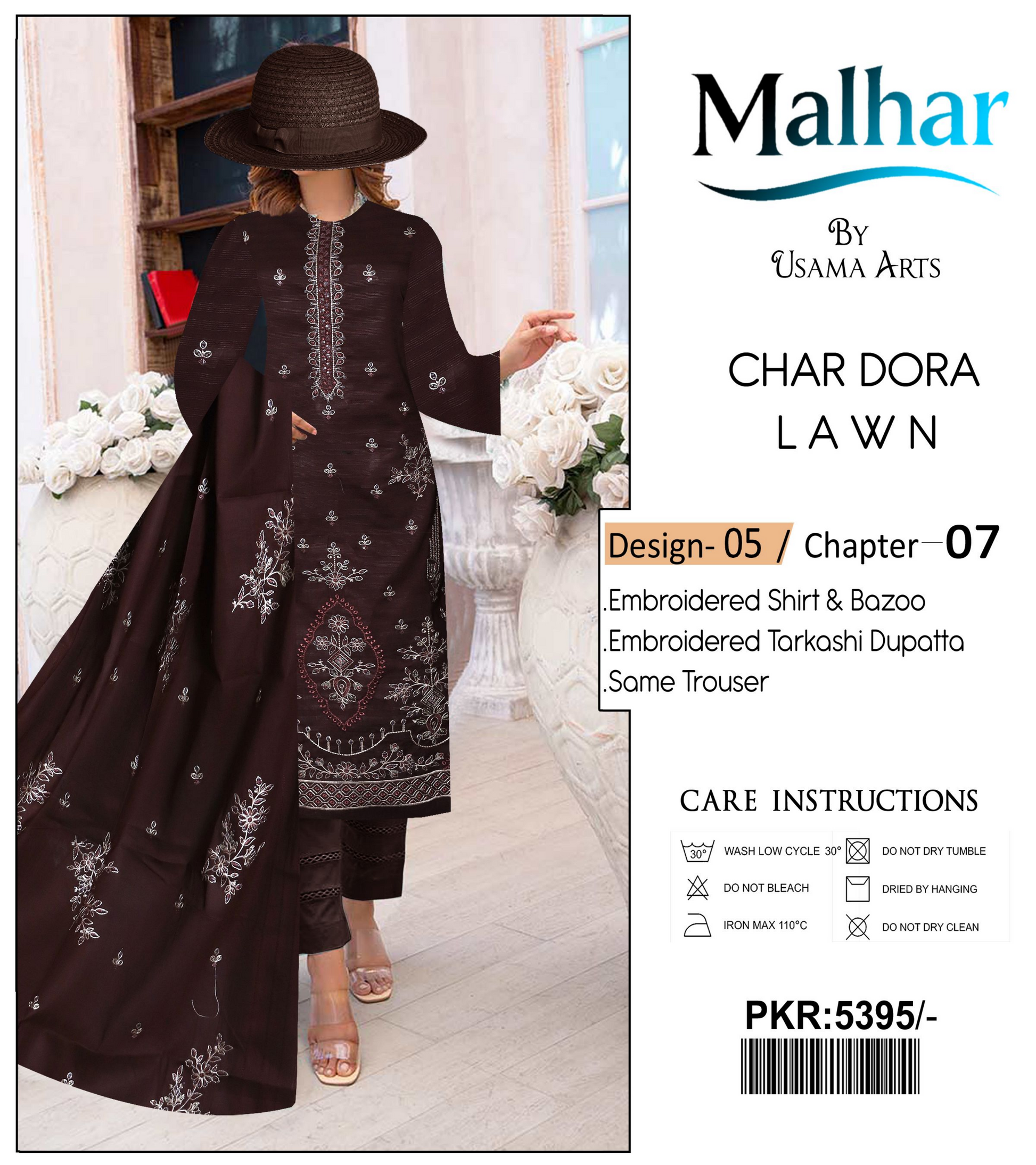 Malhar by Usama Arts – 3-Piece Char Dora Lawn Suit with Embroidered Tarkashi Dupatta