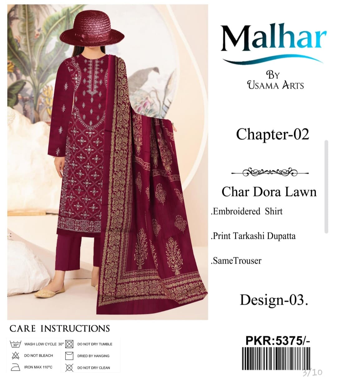 Malhar Chapter-02 | Design 03 | Char Dora Lawn Embroidered 3-Piece Suit