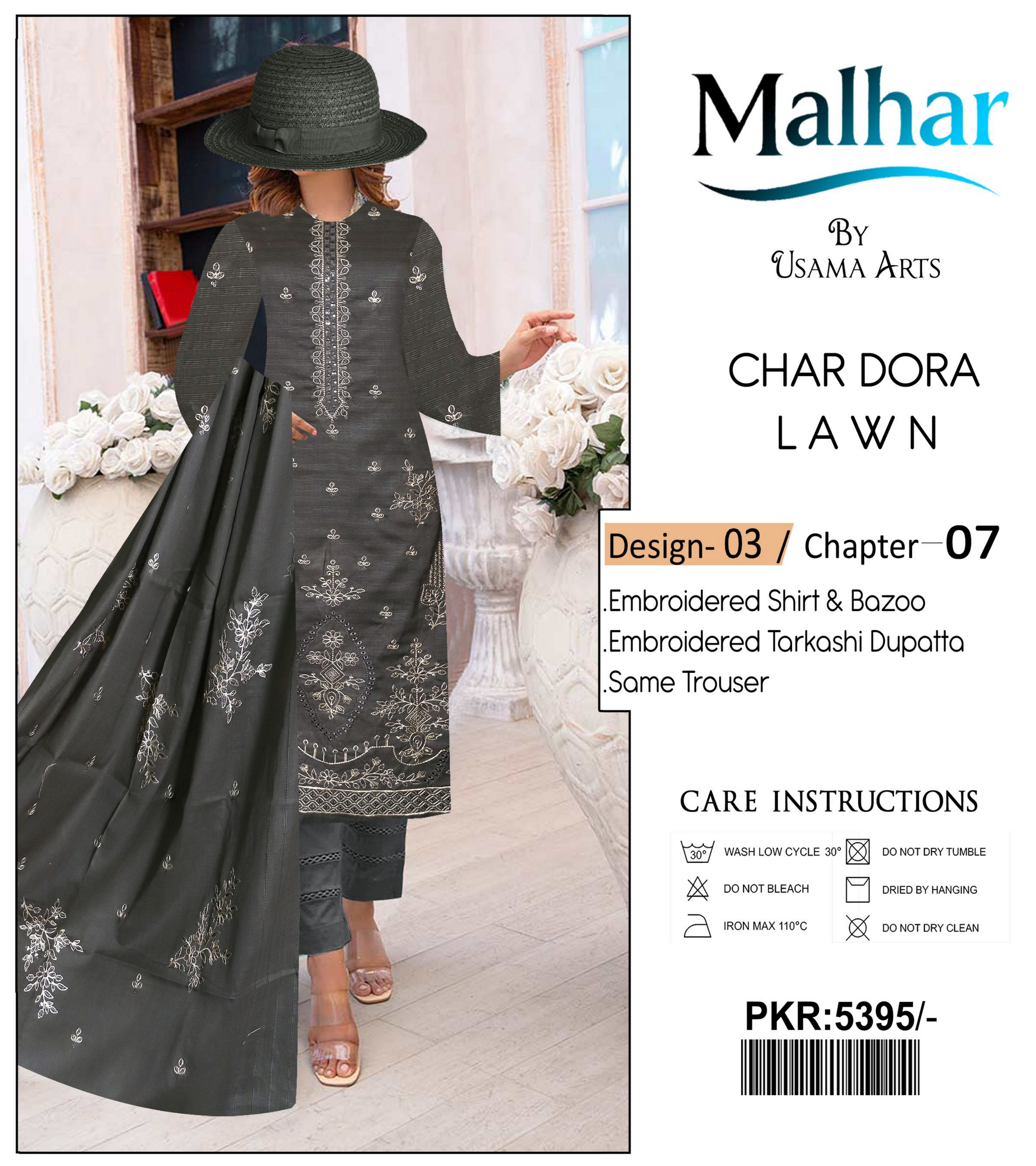 Malhar by Usama Arts – 3-Piece Char Dora Lawn Suit with Embroidered Tarkashi Dupatta