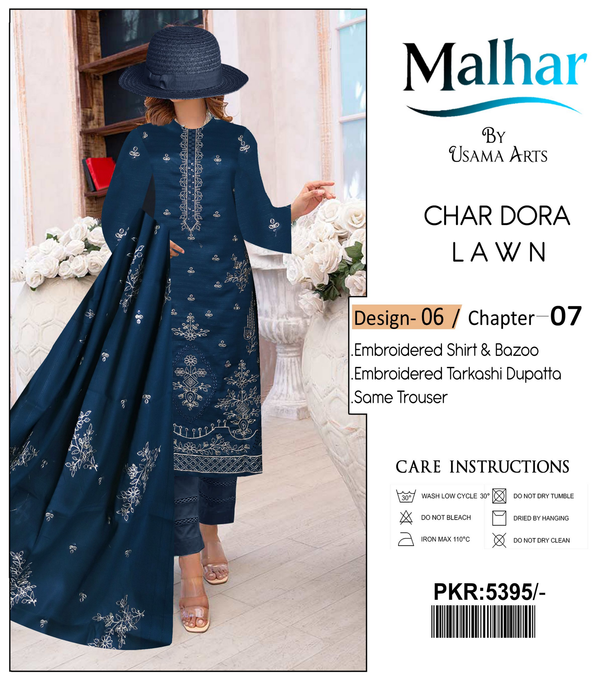 Malhar by Usama Arts – 3-Piece Char Dora Lawn Suit with Embroidered Tarkashi Dupatta