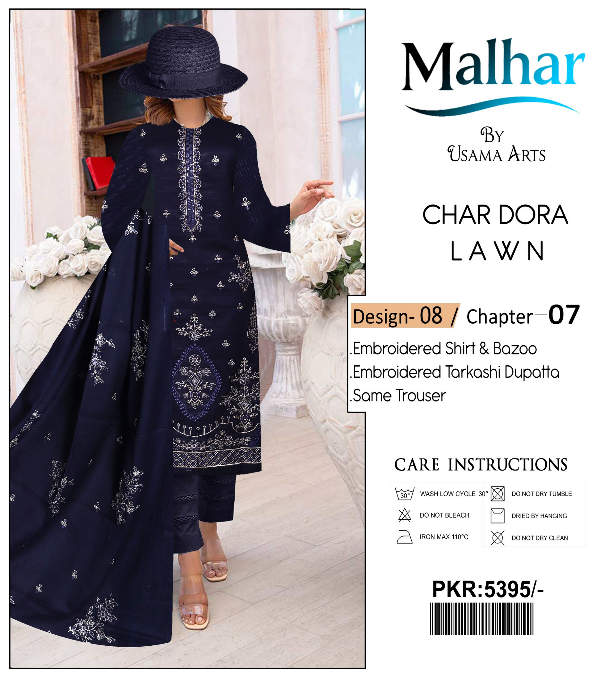 Malhar by Usama Arts – 3-Piece Char Dora Lawn Suit with Embroidered Tarkashi Dupatta