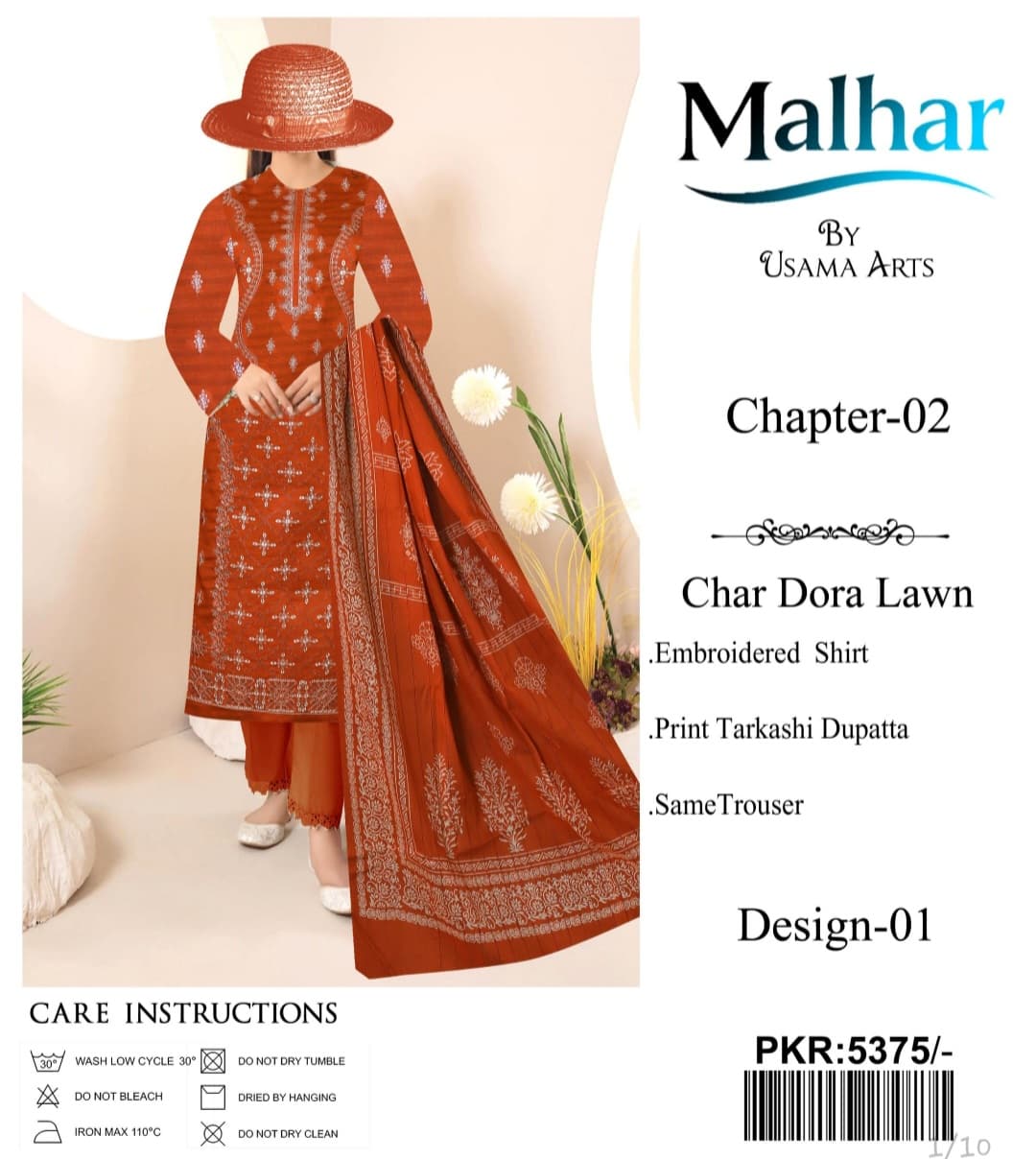 Malhar Chapter-02 | Design 01 | Char Dora Lawn Embroidered 3-Piece Suit