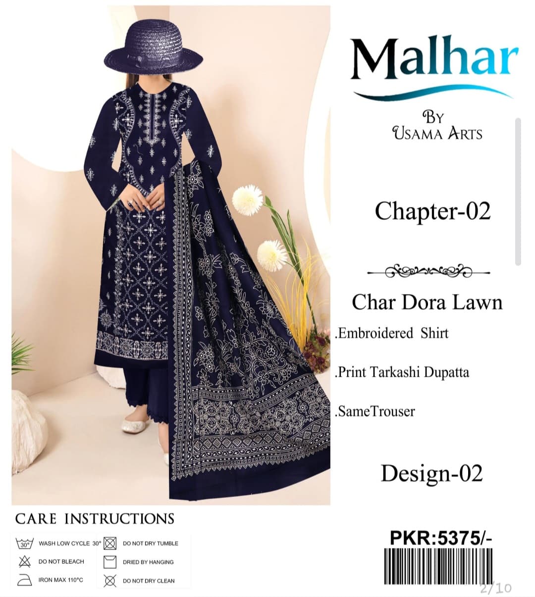 Malhar Chapter-02 | Design 02 | Char Dora Lawn Embroidered 3-Piece Suit