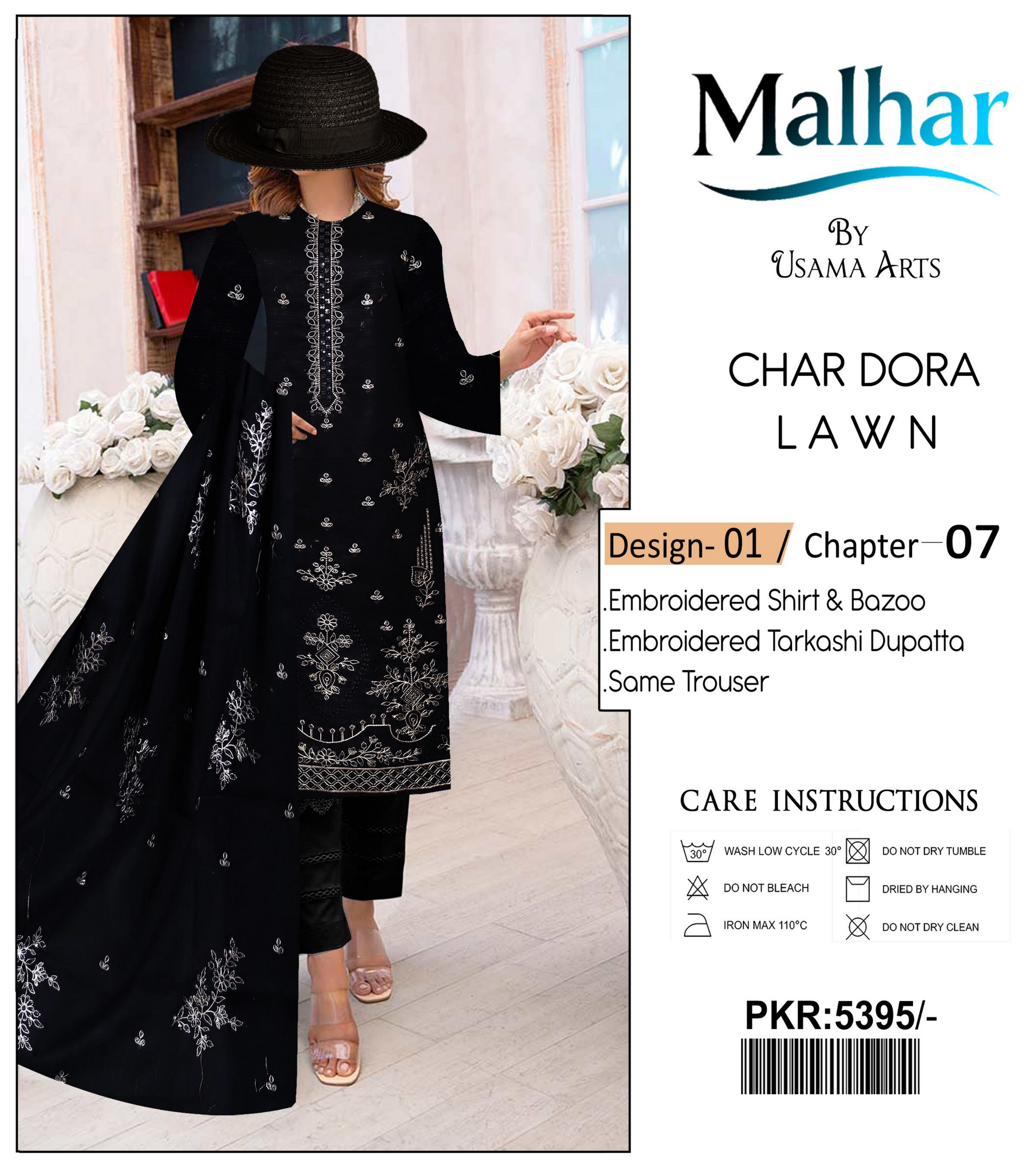 Malhar by Usama Arts – 3-Piece Char Dora Lawn Suit with Embroidered Tarkashi Dupatta